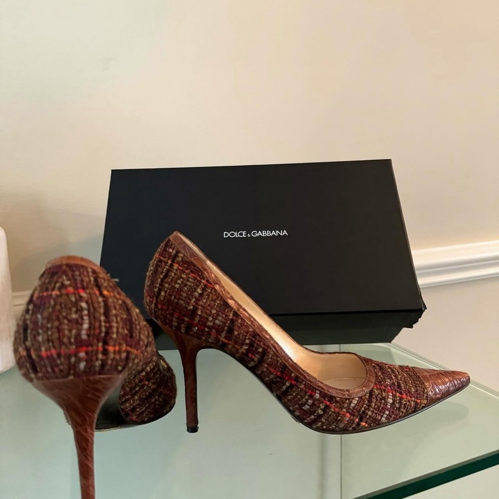 Dolce & Gabbana Tweed & Croc-Embossed Caramel Brown Plaid Heels